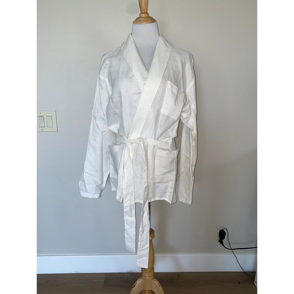 Gusari Kimono Linen/Blend White Belted L/S Jacket Pockets size Men Medium NWOT